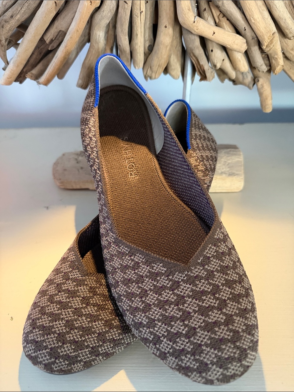 Rothy's Brown Patterned Knit Flats with Blue Heel Trim